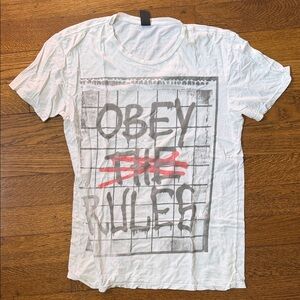 Obey White Tee with Gray Grid and Red Paint Accent